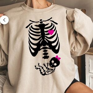 Maternity baby girl Halloween Skeleton Graphic Beige Sweatshirt